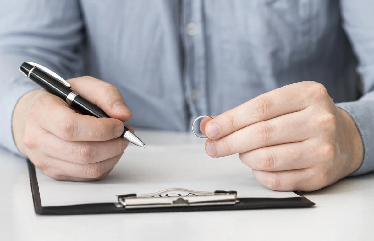 Person holding wedding ring and pen, representing dissolution of marriage and legal separation in California.